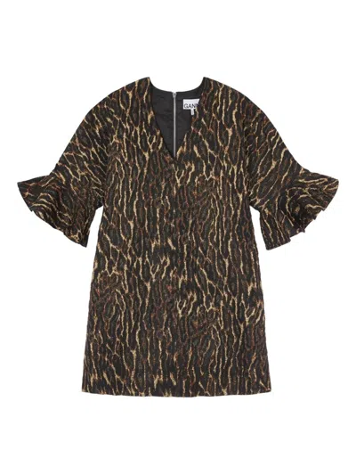 Ganni Metallic Leopard Jacquard Mini Dress In Brown