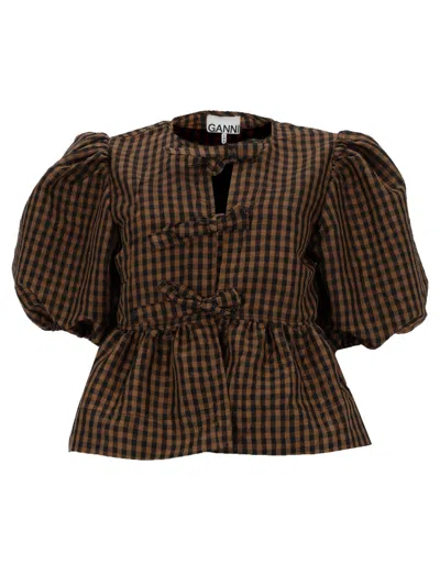 Ganni Crinkled Taffeta Check Peplum Blouse Tobacco Brown
