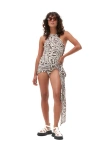 Ganni Recycled Printed Tieband Swimsuit In Egret