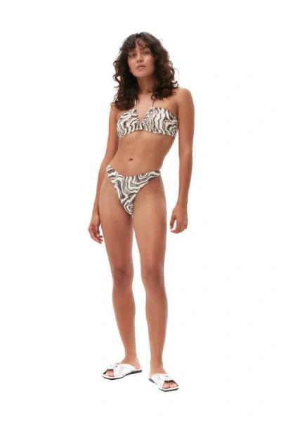 Ganni Recycled Printed V-string Bikini Top In Egret