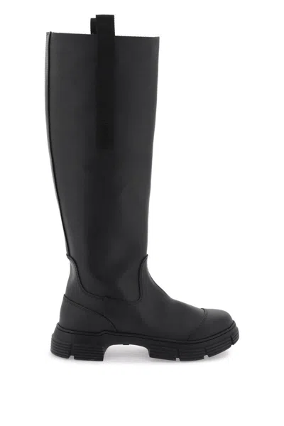 Ganni Grosgrain-trimmed Rubber Knee Boots In Black