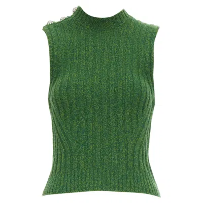 Ganni Recycled Wool Blend Crystal Button Crew Cropped Vest In Green