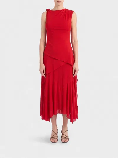 Ganni Marl Asymmetric Draped Gauze Midi Dress In Red