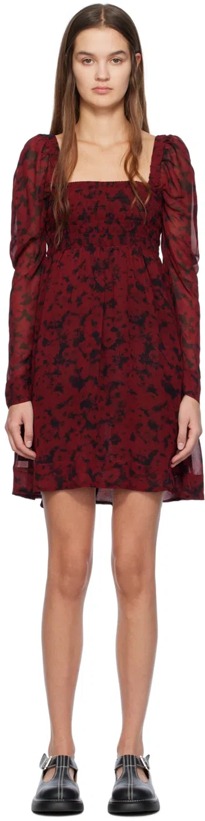 Ganni Minikleid Aus Georgette Mit Print Und Raffung In Weinrot