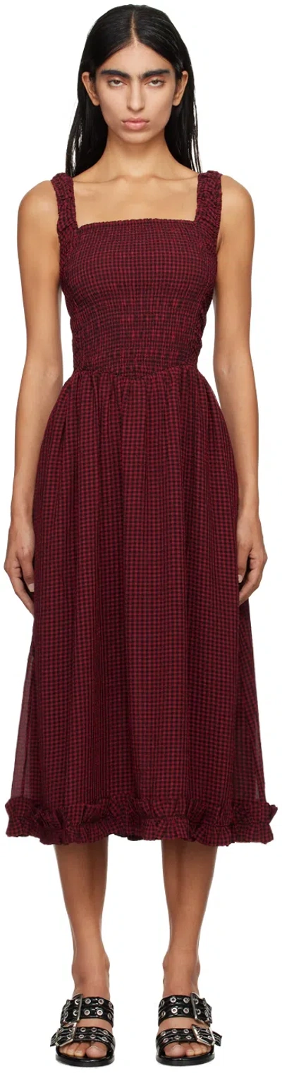 Ganni Red & Black Strap Smock Midi Dress In 047 Winery