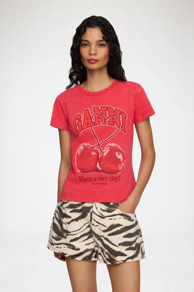 GANNI GANNI RED BABY FIT FUTURE T-SHIRT WITH CHERRY - SIZE XXS RECYCLED COTTON
