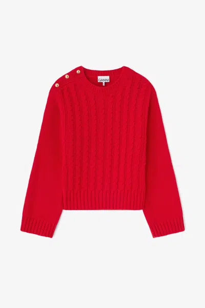 Ganni Wool Blend Crewneck Chunky Cable Sweater In Red
