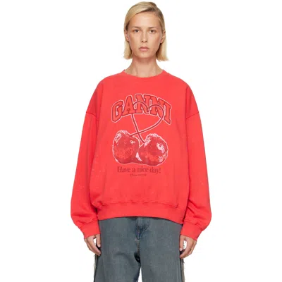 Ganni Cherries Knit Crewneck Long Sleeve Sweater In Red