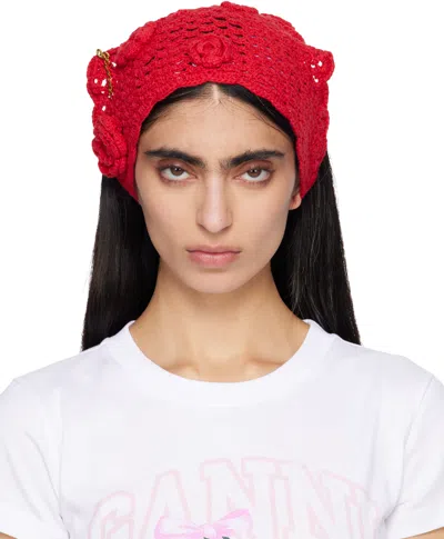 Ganni Red Cotton Crochet Head Scarf