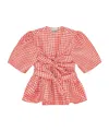 Ganni Red Crinkled Check Taffeta Blouse