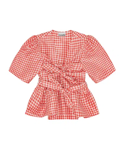 GANNI RED CRINKLED CHECK TAFFETA BLOUSE