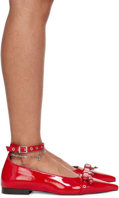 Ganni Red Eyelet Jewel Ballerina Flats In 474 Racing Red