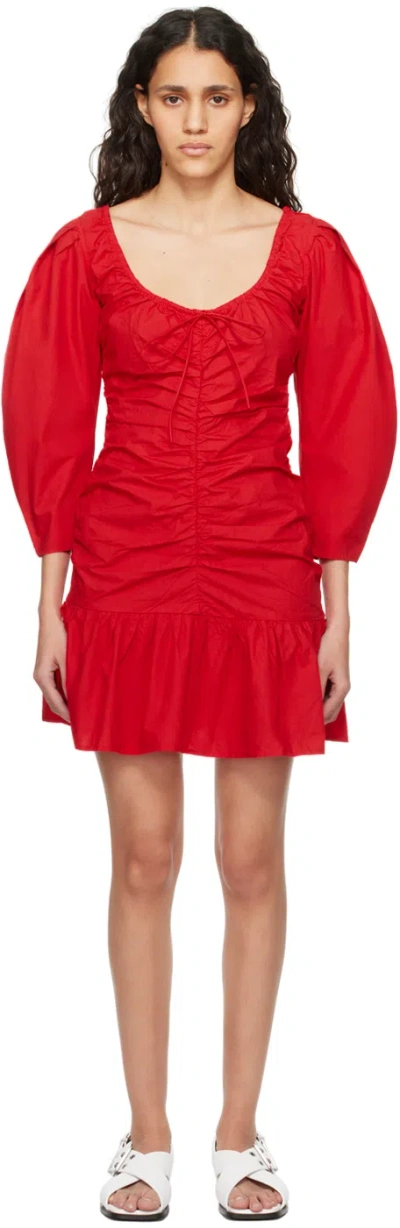 Ganni Red Gathered Minidress In 474 Racing Red
