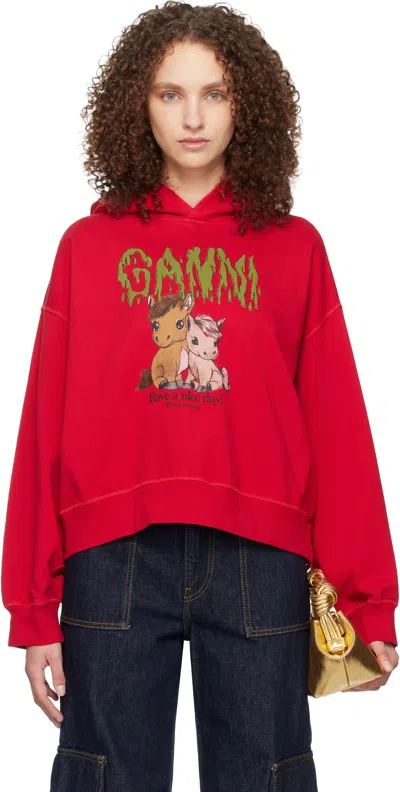 Ganni レッド Graphic Cropped フーディ In Red