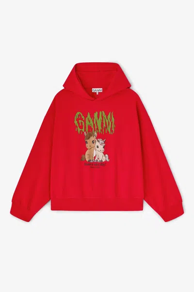 Ganni Red Graphic Cropped Hoodie - Size Xl Organic Cotton