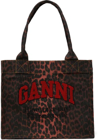 Ganni Red Leopard Print Canvas Tote In 474 Racing Red