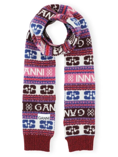 Ganni Logo-appliqué Patterned-intarsia Scarf In 999 Red