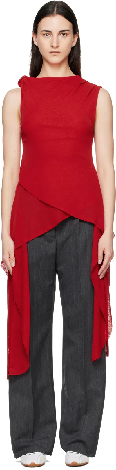 Ganni Marl Mesh Tie Knot Tank Top In Goji Berry