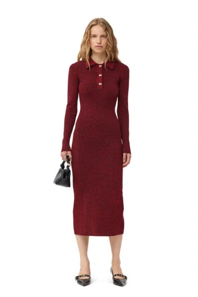 Ganni Melange Rib Long Sleeve Polo Dress In High Risk Red