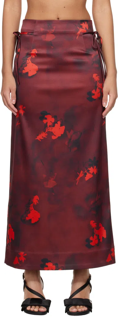 Ganni Red Printed Satin Maxi Skirt In 047 Winery