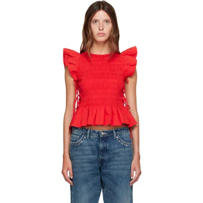Ganni Red Smocked Cotton Blouse
