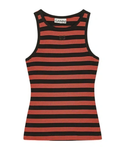 Ganni Red Striped Soft Cotton Rib Tank Top