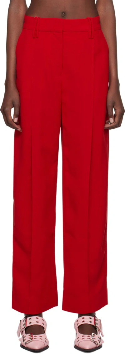 Ganni Red Twill Suiting Trousers In 396 Barbados Cherry