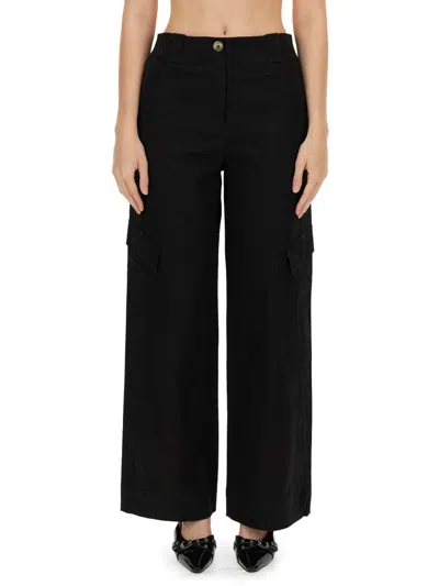 Ganni Regular Fit Herringbone Trousers In Black
