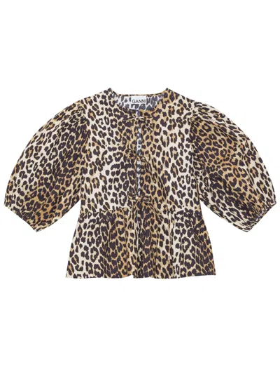 Ganni Regular Fit Puff Sleeve Shirt With Lace-up Detail In Multi