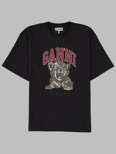 Ganni Reguler Fit Organic Cotton T-shirt With Stampaint Tigre In Black