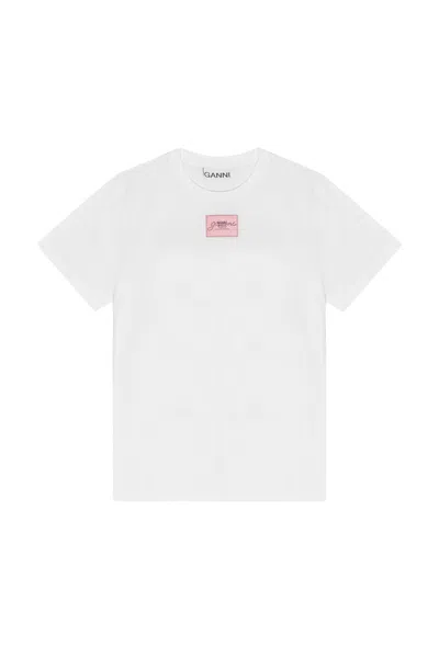 Ganni Relaxed-fit White Jersey T-shirt With Graphic Print