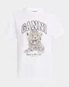 Ganni White T-shirt With Print And Logo Lettering On The Front In Cotton Woman In Leopard
