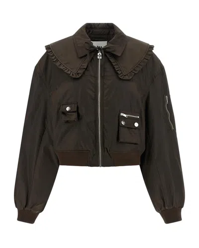 Ganni Removable Ruffle-collar Recycled Nylon Jacket In Brown