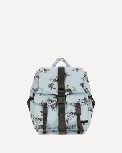 Ganni Re-tech Nylon Backpack With Floral Pattern In Blue