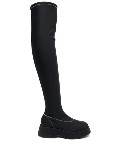 Ganni Retro Flatform Over-the-knee Sockboots In Black