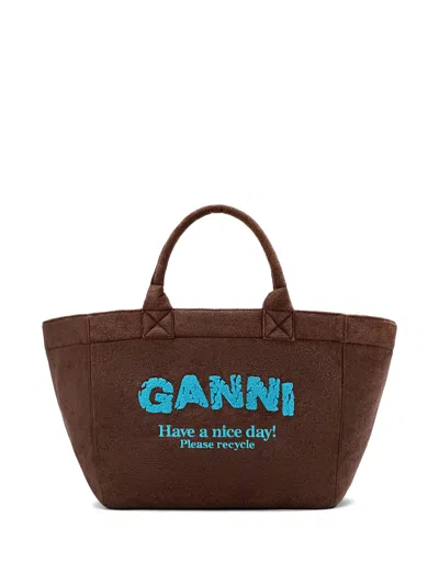 Ganni Reversible Mini Tote Bag With Top Handles, 35 Cm Height X 69 Cm Width X 25 Cm Depth In Marrone