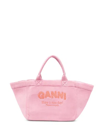 Ganni Reversible Mini Tote Bag With Top Handles, Recycled Message, 35 X 69 X 25 Cm In Rosa