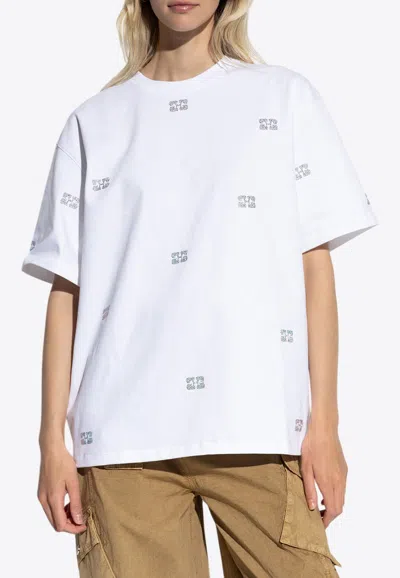 Ganni Rhinestone Logo Crewneck T-shirt In White