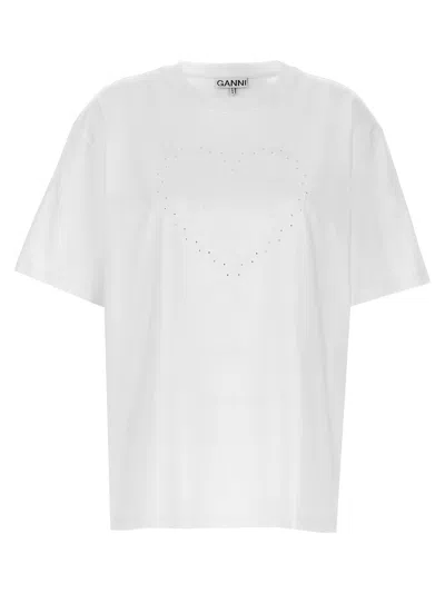 Ganni Rhinestone Logo Embroidery T-shirt In White