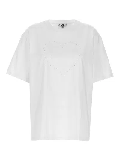 Ganni Rhinestone Logo Embroidery T-shirt In White