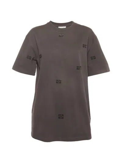 Pre-owned Ganni Rhinestone Logo T-shirt In Gray