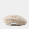 Ganni Logo-patch Ribbed-knit Beret In Beige