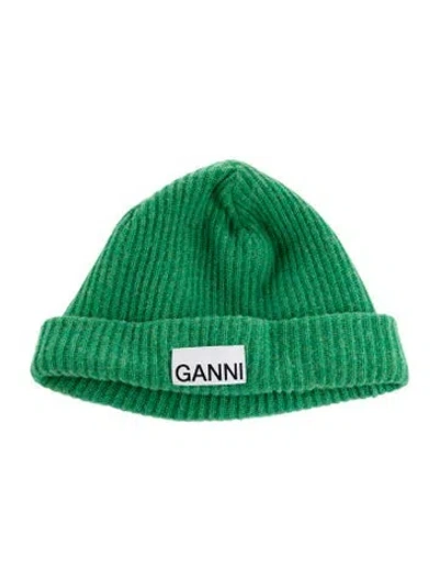 Pre-owned Ganni Rib Knit Wool-blend Beanie In Green