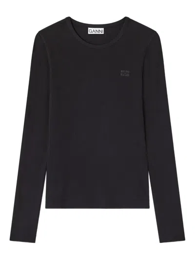 Ganni Rib Long-sleeve T-shirt In Black