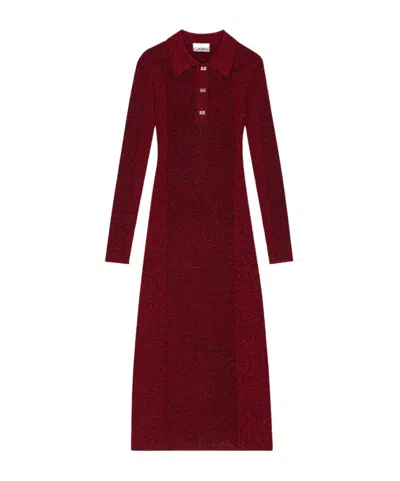 Ganni Melange Rib Long Sleeve Polo Dress In High Risk Red