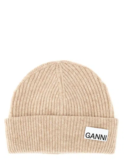 Ganni Women Cappello Beanie A Coste In Neutral