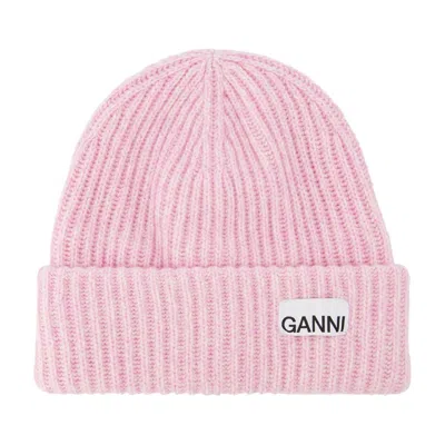 Ganni Ribbed Beanie Hat In Pink Recycled Wool/poly