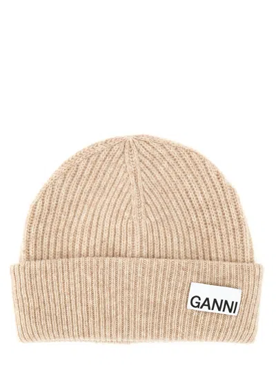 Ganni Women Cappello Beanie A Coste In Neutral
