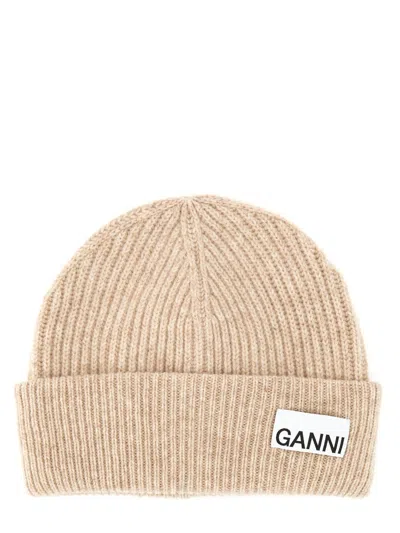 Ganni Women Cappello Beanie A Coste In Neutral