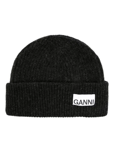 Ganni Ribbed Beanie With Application In Black